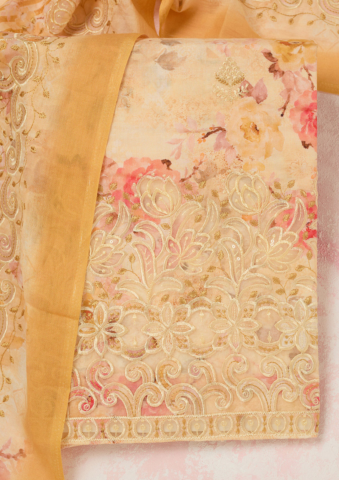 Yellow Threadwork Linen Unstitched Salwar Suit