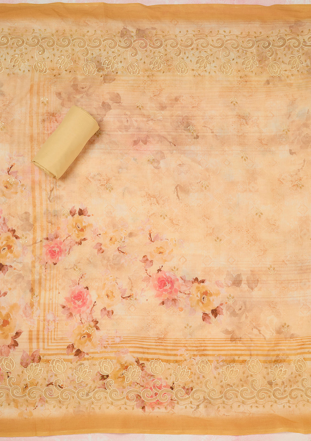 Yellow Threadwork Linen Unstitched Salwar Suit