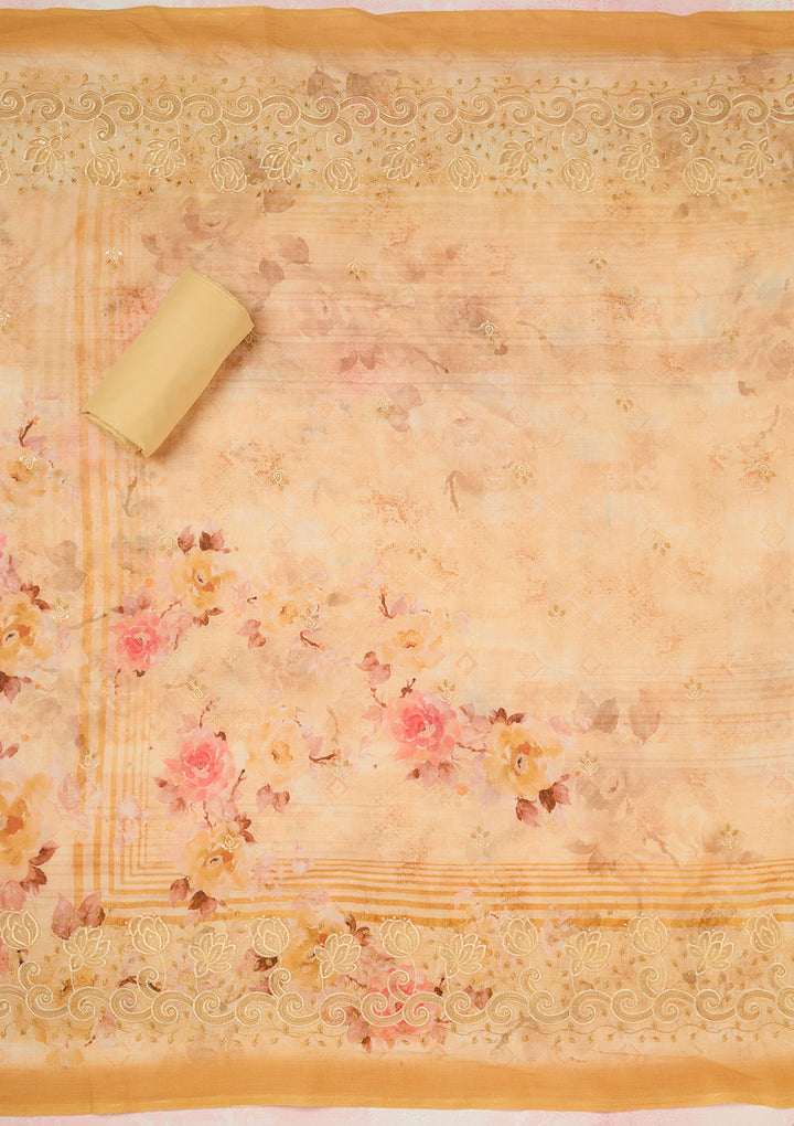 Yellow Threadwork Linen Unstitched Salwar Suit