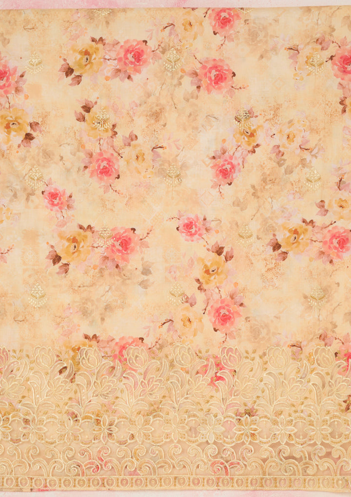 Yellow Threadwork Linen Unstitched Salwar Suit