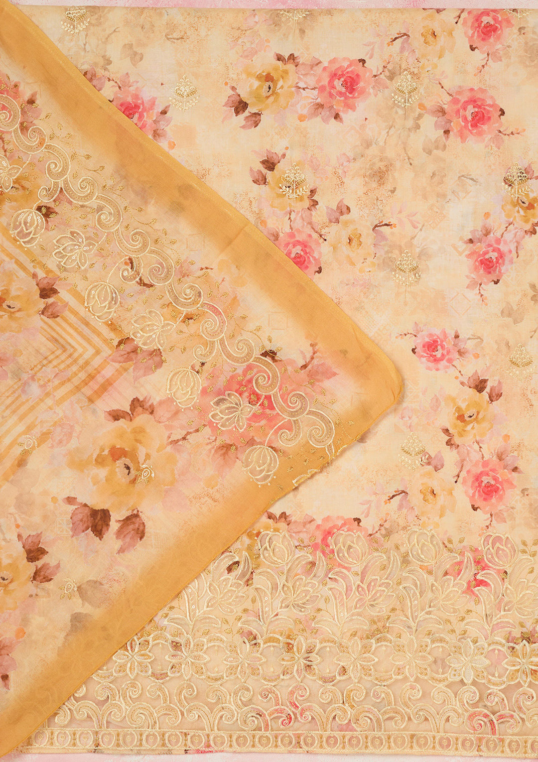 Yellow Threadwork Linen Unstitched Salwar Suit