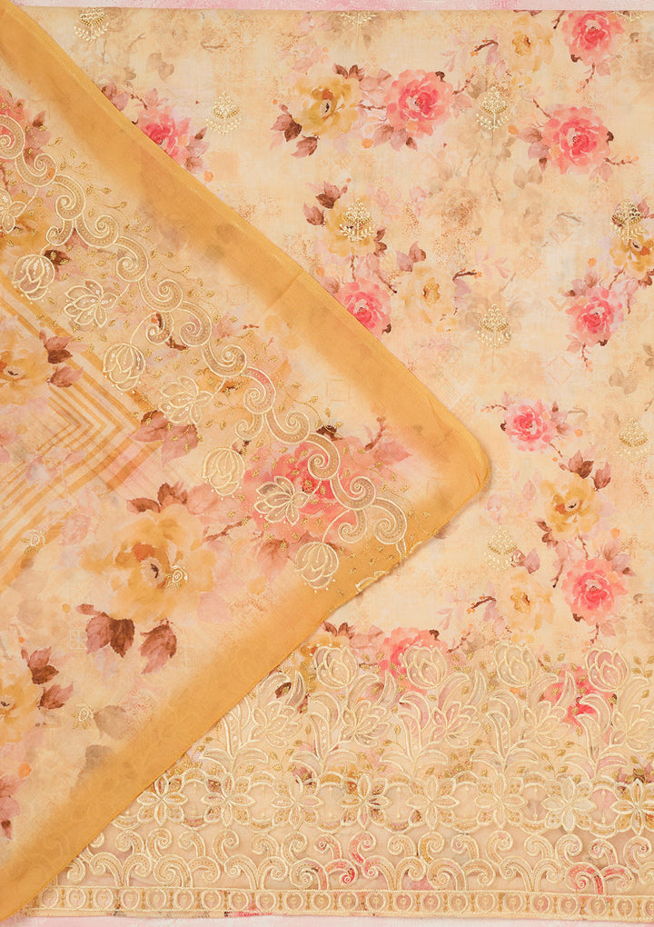 Yellow Threadwork Linen Unstitched Salwar Suit