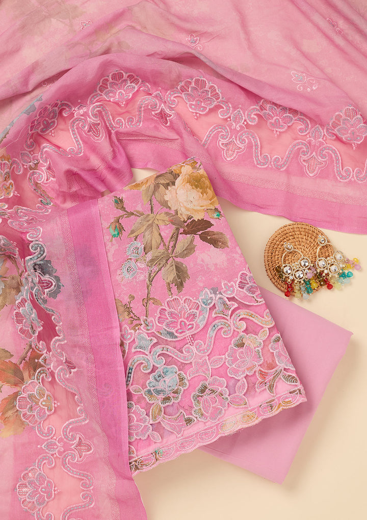 Onion Pink Cotton Floral Threadwork Unstitched Dress Material With Matching Bottom And Dupatta