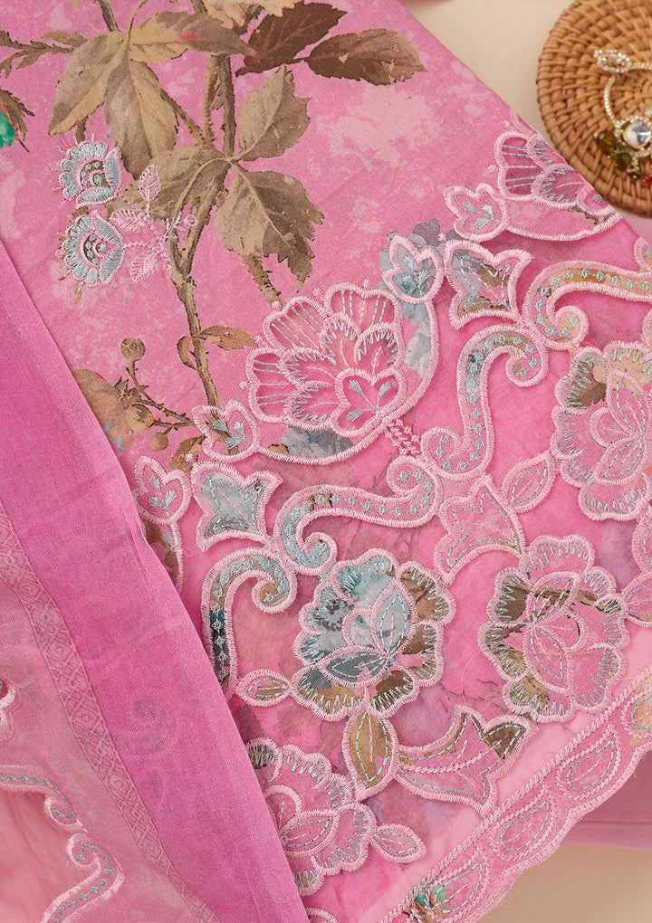 Onion Pink Cotton Floral Threadwork Unstitched Dress Material With Matching Bottom And Dupatta