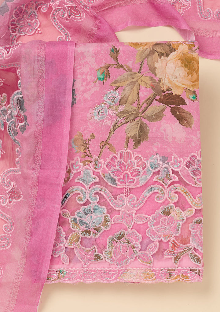Onion Pink Cotton Floral Threadwork Unstitched Dress Material With Matching Bottom And Dupatta