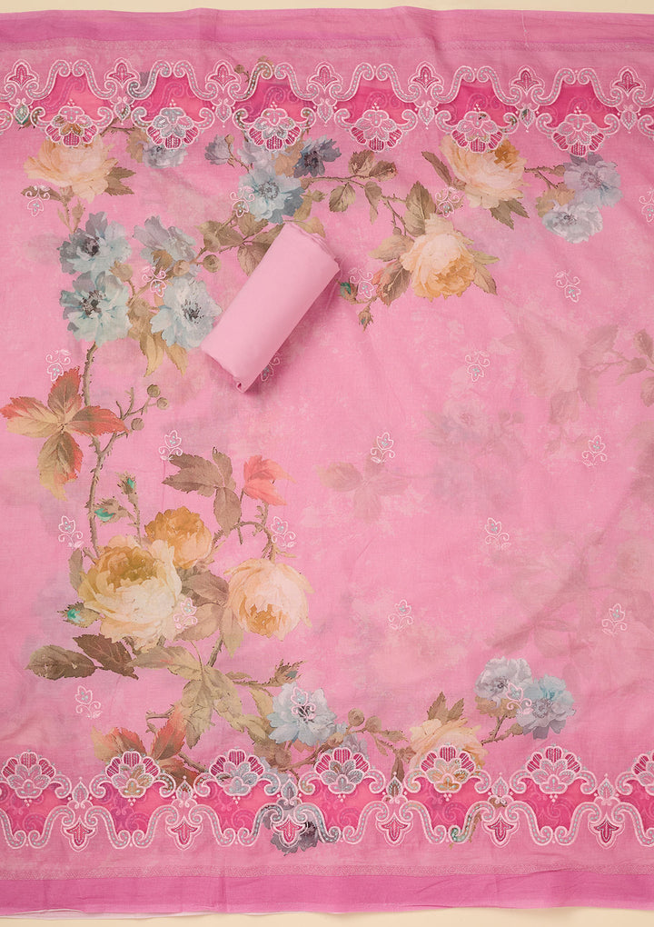 Onion Pink Cotton Floral Threadwork Unstitched Dress Material With Matching Bottom And Dupatta