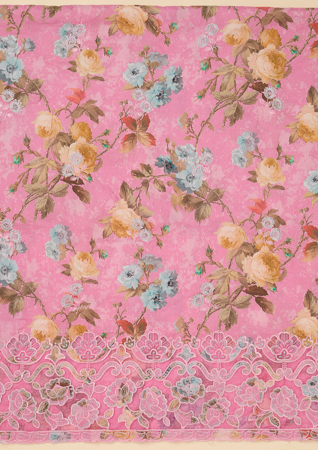 Onion Pink Cotton Floral Threadwork Unstitched Dress Material With Matching Bottom And Dupatta