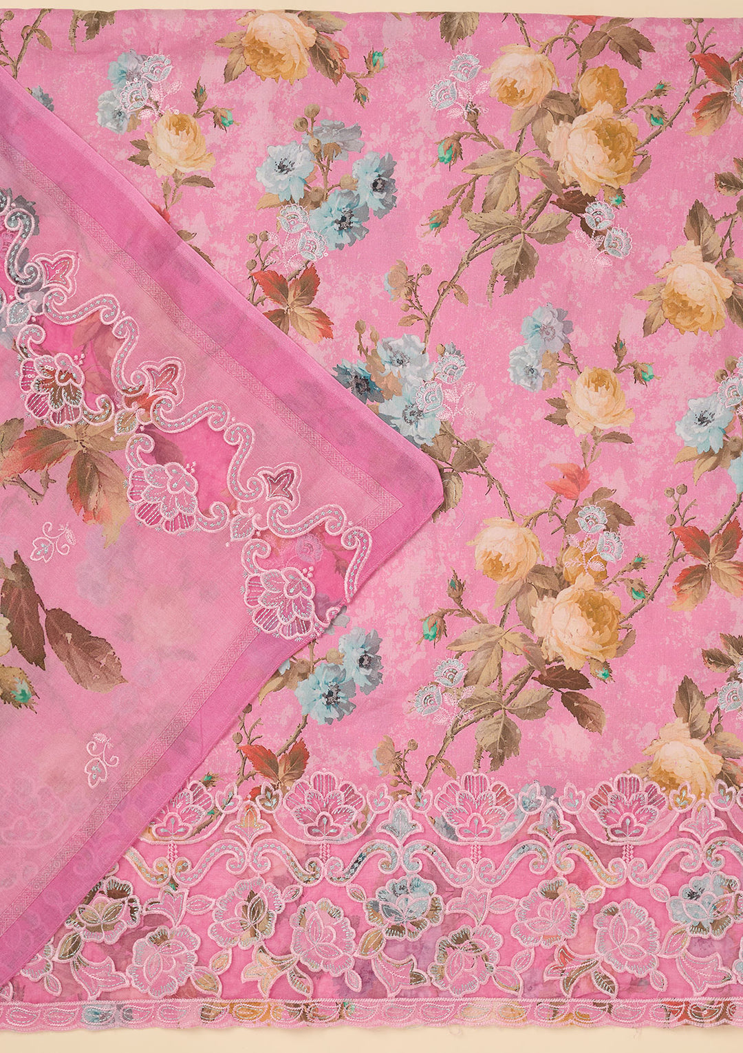 Onion Pink Cotton Floral Threadwork Unstitched Dress Material With Matching Bottom And Dupatta