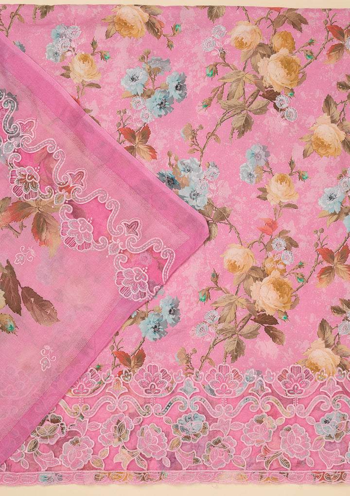 Onion Pink Cotton Floral Threadwork Unstitched Dress Material With Matching Bottom And Dupatta