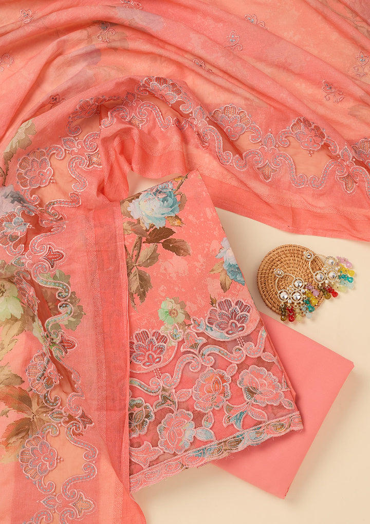 Peach Threadwork Cotton Unstitched Salwar Suit