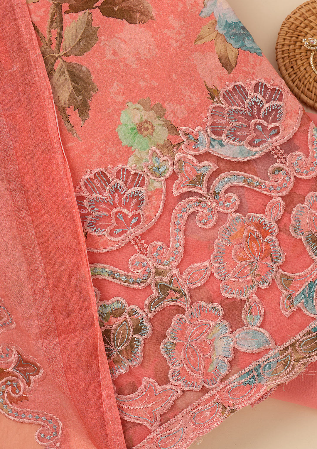 Peach Threadwork Cotton Unstitched Salwar Suit