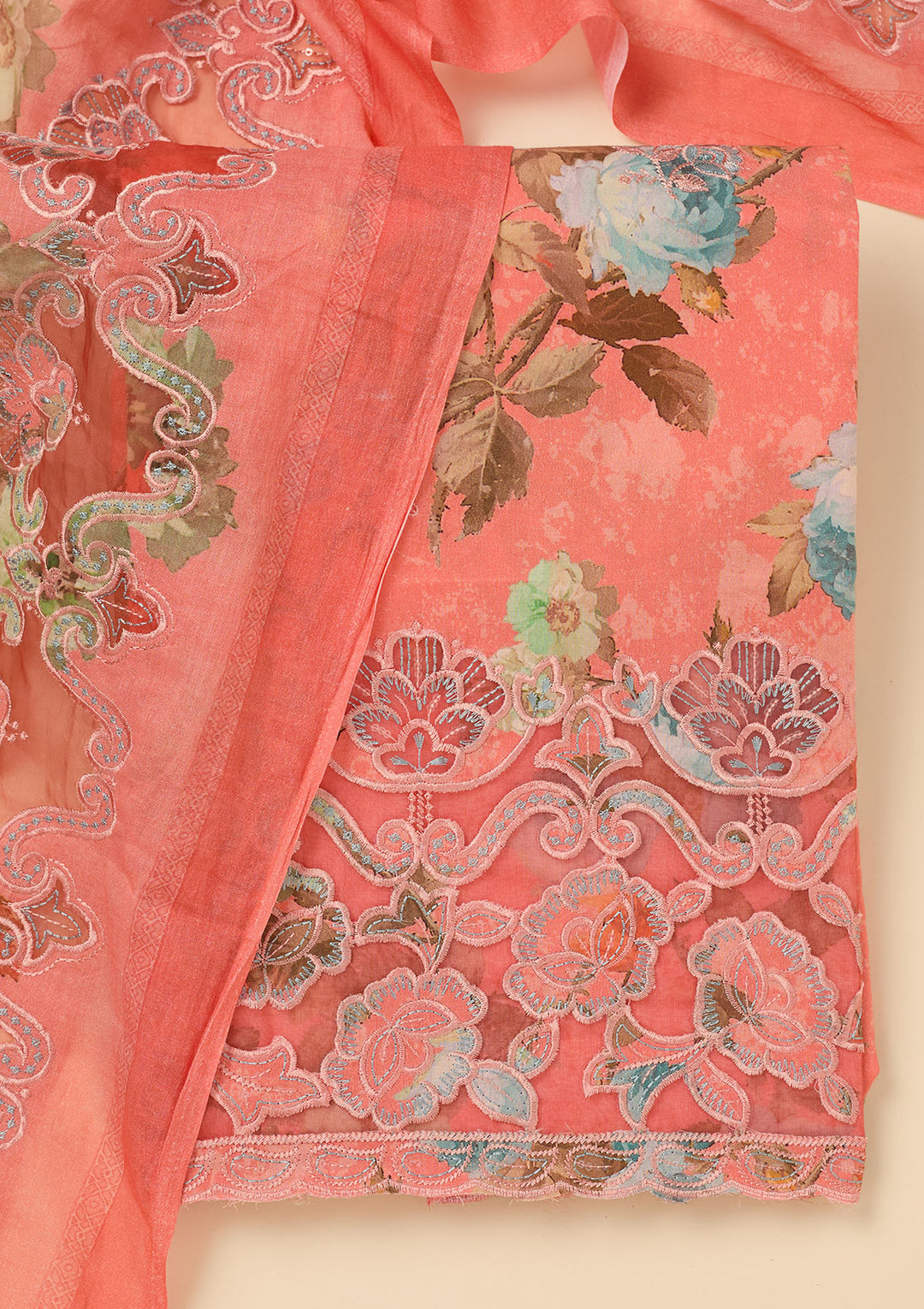 Peach Threadwork Cotton Unstitched Salwar Suit
