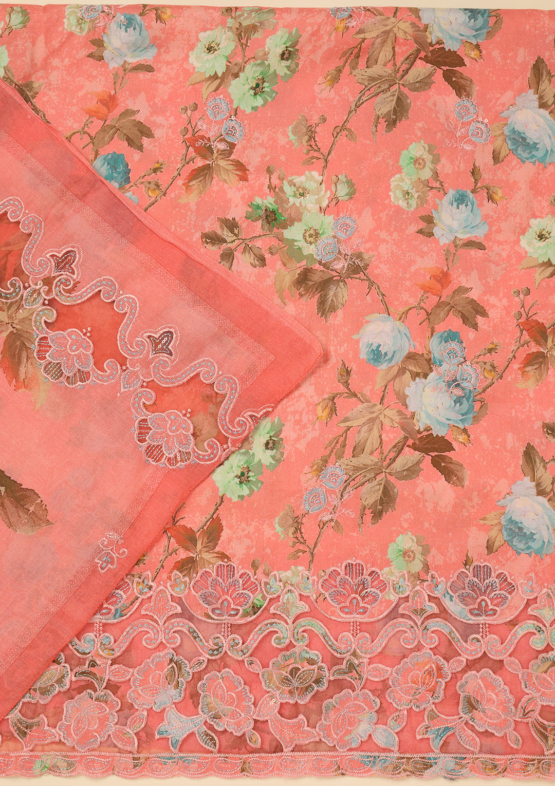 Peach Threadwork Cotton Unstitched Salwar Suit