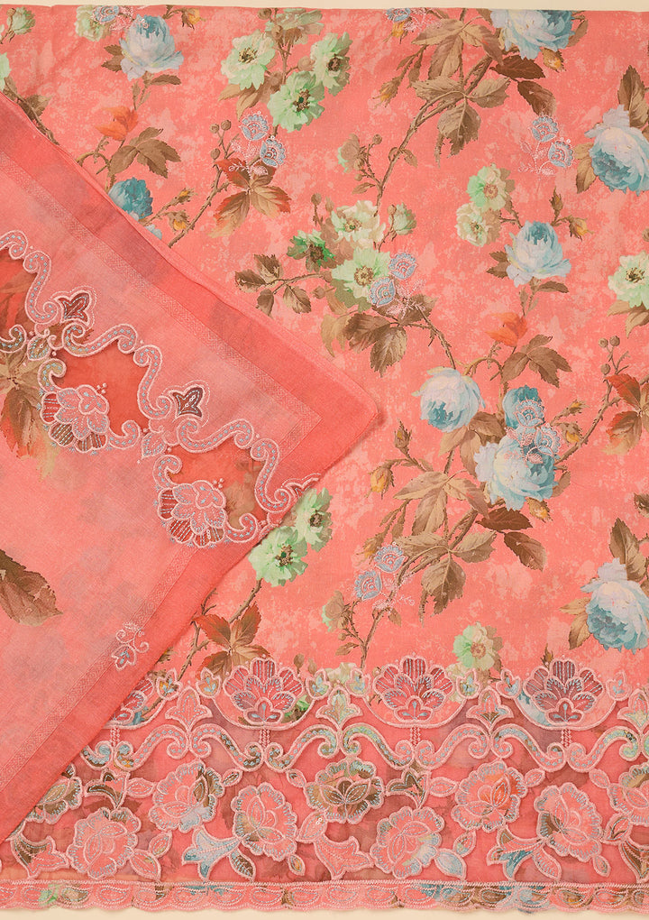 Peach Threadwork Cotton Unstitched Salwar Suit