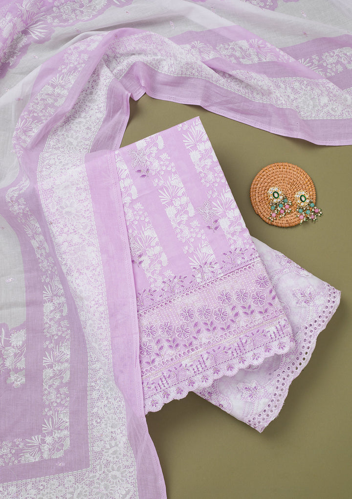 Purple Cotton Floral Threadwork Unstitched Dress Material With Matching Bottom And Dupatta