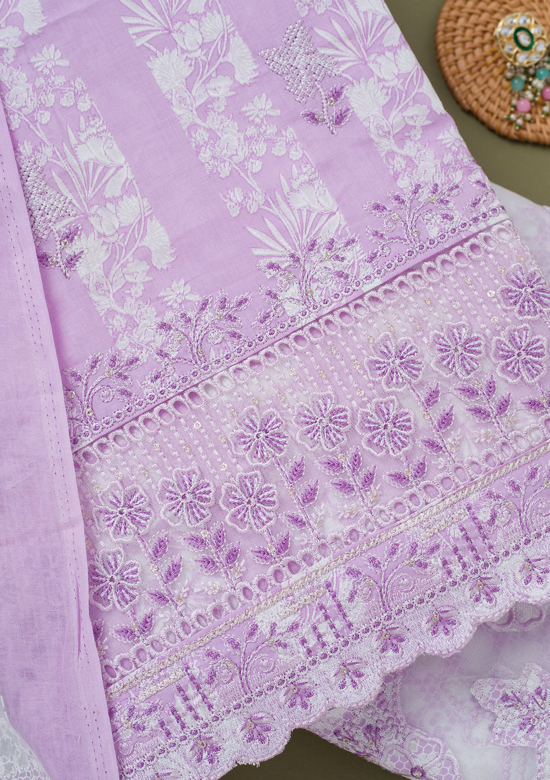 Purple Cotton Floral Threadwork Unstitched Dress Material With Matching Bottom And Dupatta