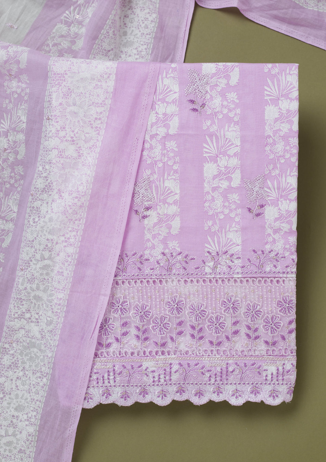 Purple Cotton Floral Threadwork Unstitched Dress Material With Matching Bottom And Dupatta