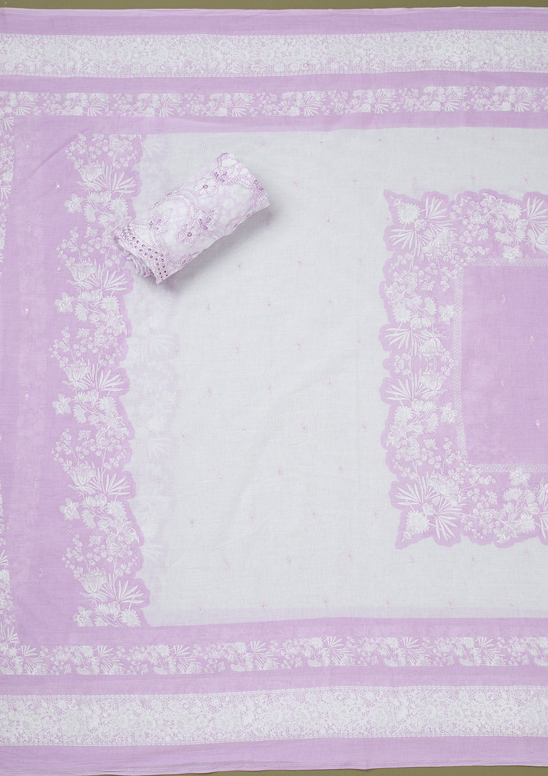 Purple Cotton Floral Threadwork Unstitched Dress Material With Matching Bottom And Dupatta