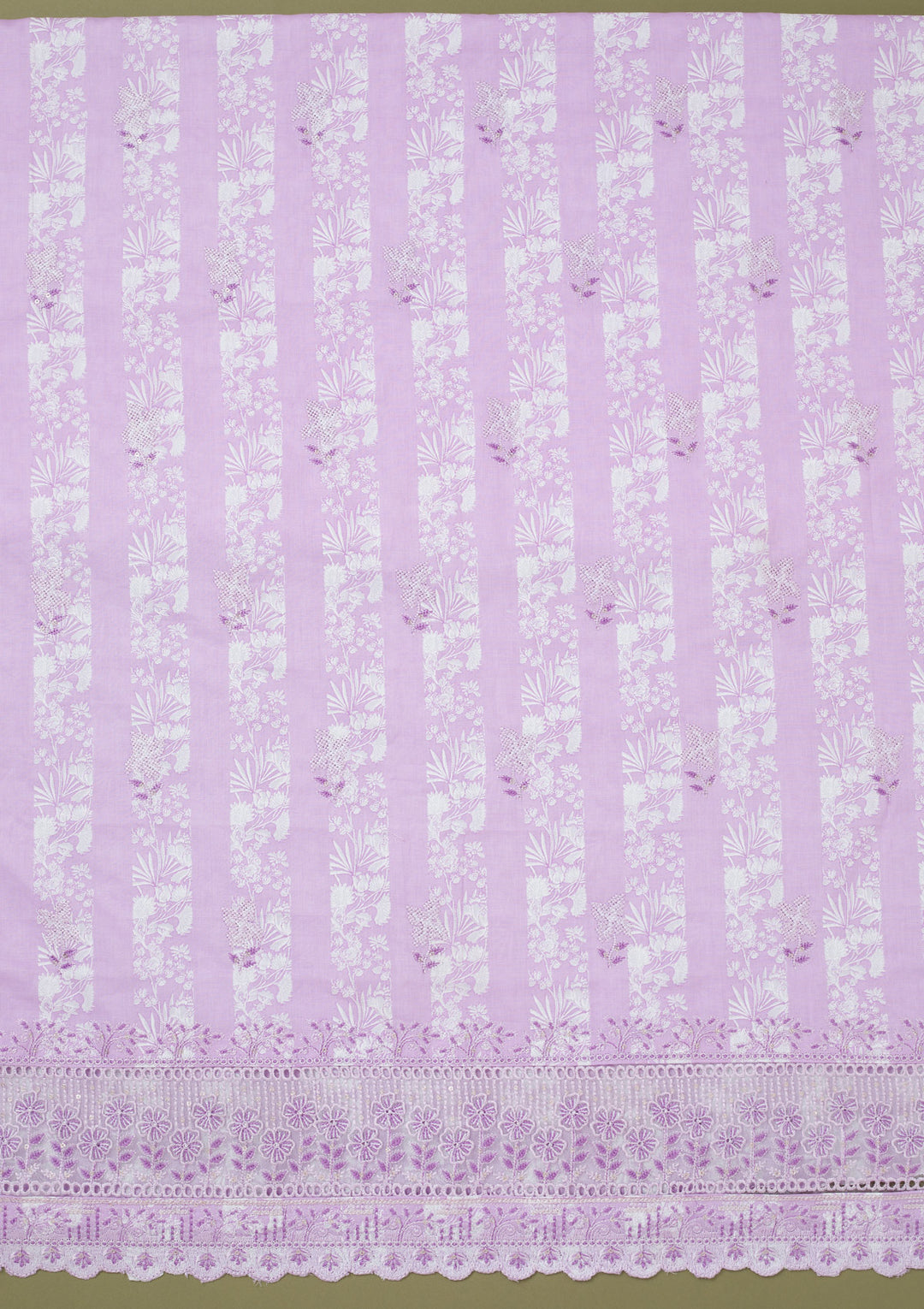 Purple Cotton Floral Threadwork Unstitched Dress Material With Matching Bottom And Dupatta