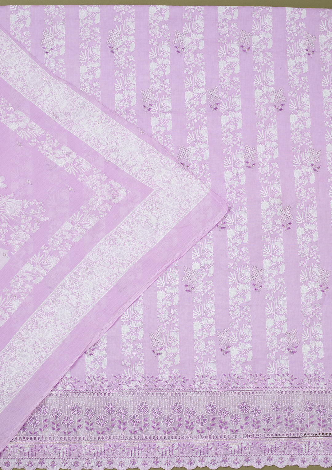 Purple Cotton Floral Threadwork Unstitched Dress Material With Matching Bottom And Dupatta