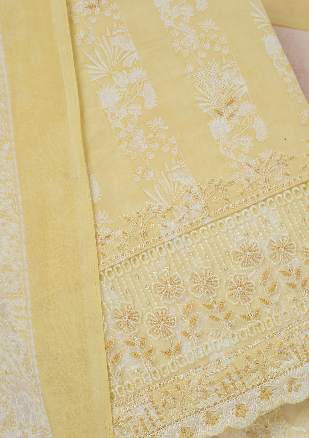 Yellow Threadwork Cotton Unstitched Salwar Suit