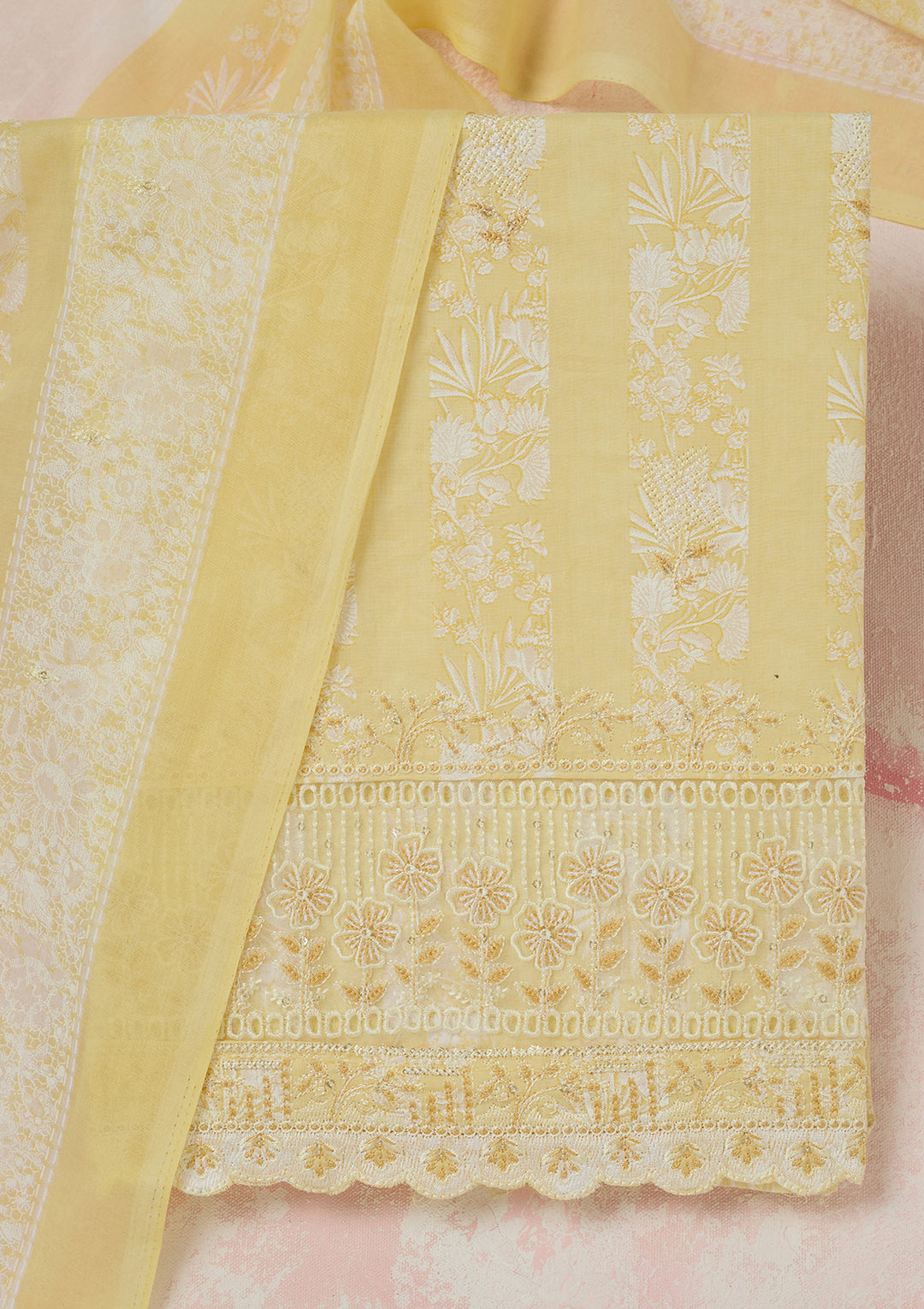 Yellow Threadwork Cotton Unstitched Salwar Suit