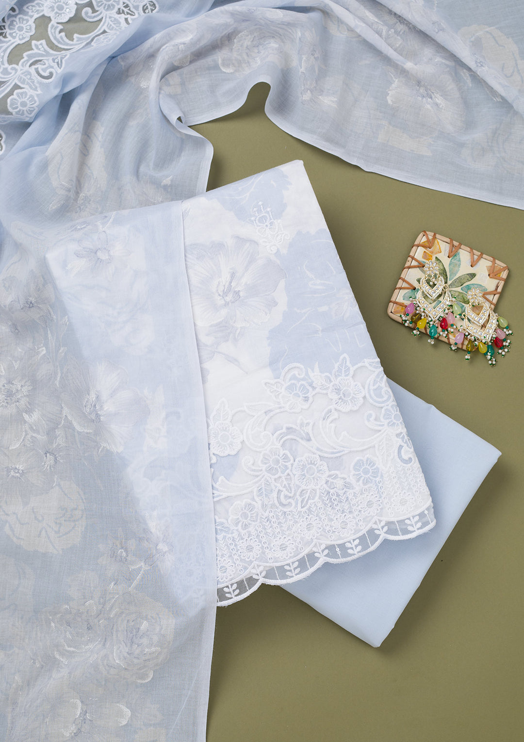 Sky Blue Threadwork Cotton Unstitched Salwar Suit