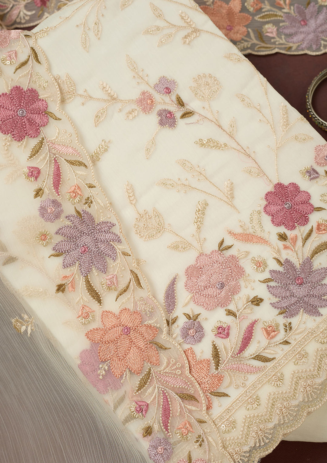 Off White Georgette Threadwork Unstitched Dress Material With Matching Bottom And Dupatta