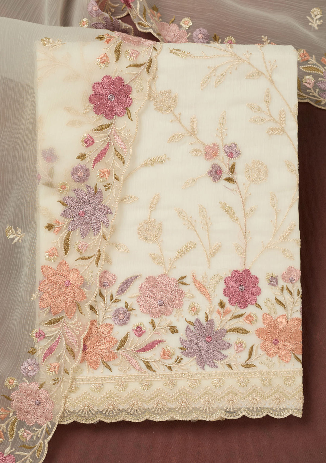 Off White Georgette Threadwork Unstitched Dress Material With Matching Bottom And Dupatta