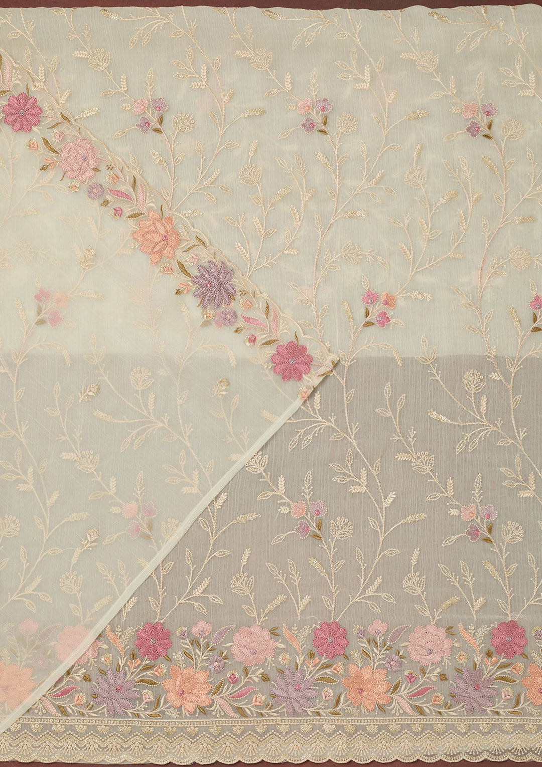 Off White Georgette Threadwork Unstitched Dress Material With Matching Bottom And Dupatta