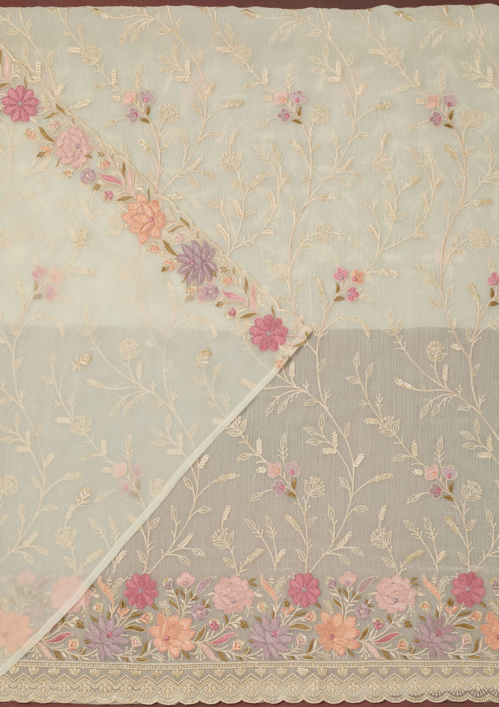 Off White Georgette Threadwork Unstitched Dress Material With Matching Bottom And Dupatta