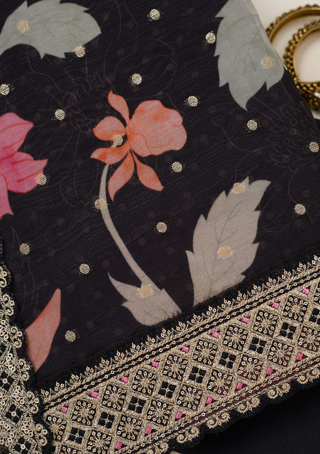 Black Zariwork Organza Unstitched Salwar Suit