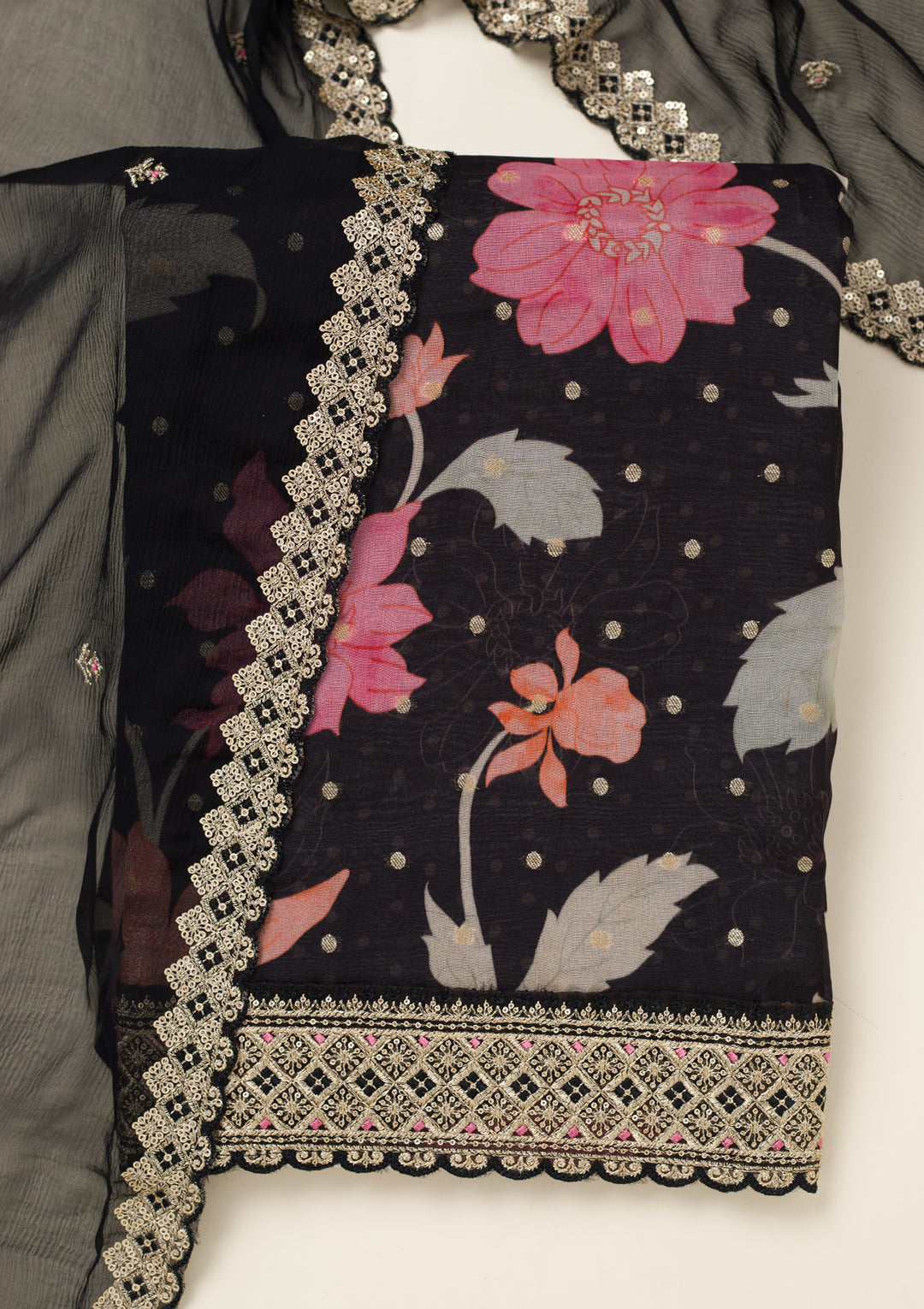 Black Zariwork Organza Unstitched Salwar Suit