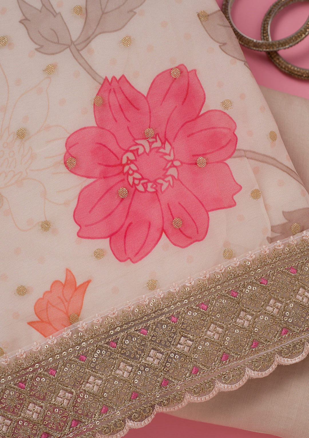 Cream Zariwork Organza Unstitched Salwar Suit