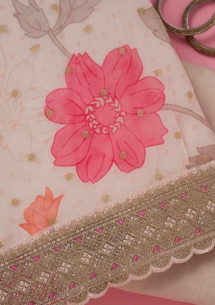 Cream Zariwork Organza Unstitched Salwar Suit