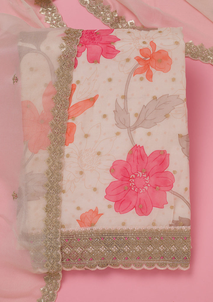 Cream Zariwork Organza Unstitched Salwar Suit