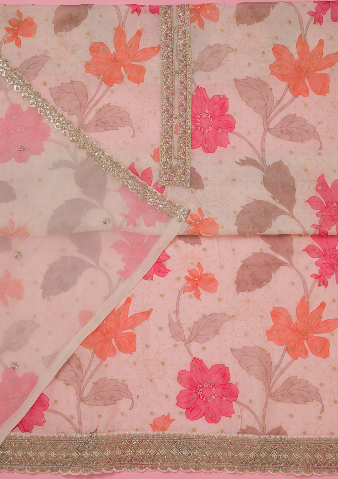 Cream Zariwork Organza Unstitched Salwar Suit