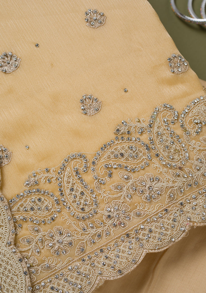 Yellow Chinon Cording Unstitched Dress Material With Matching Bottom And Dupatta