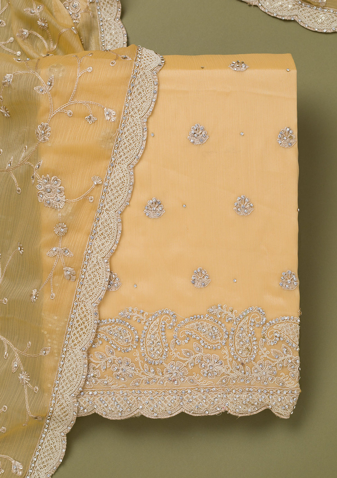 Yellow Chinon Cording Unstitched Dress Material With Matching Bottom And Dupatta