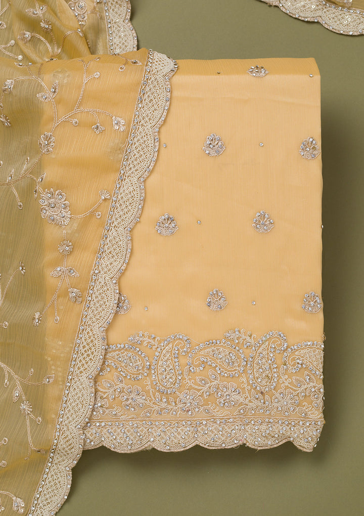 Yellow Chinon Cording Unstitched Dress Material With Matching Bottom And Dupatta