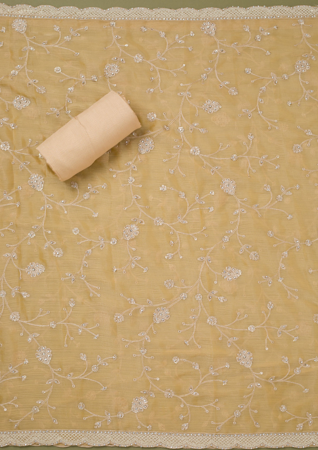 Yellow Chinon Cording Unstitched Dress Material With Matching Bottom And Dupatta