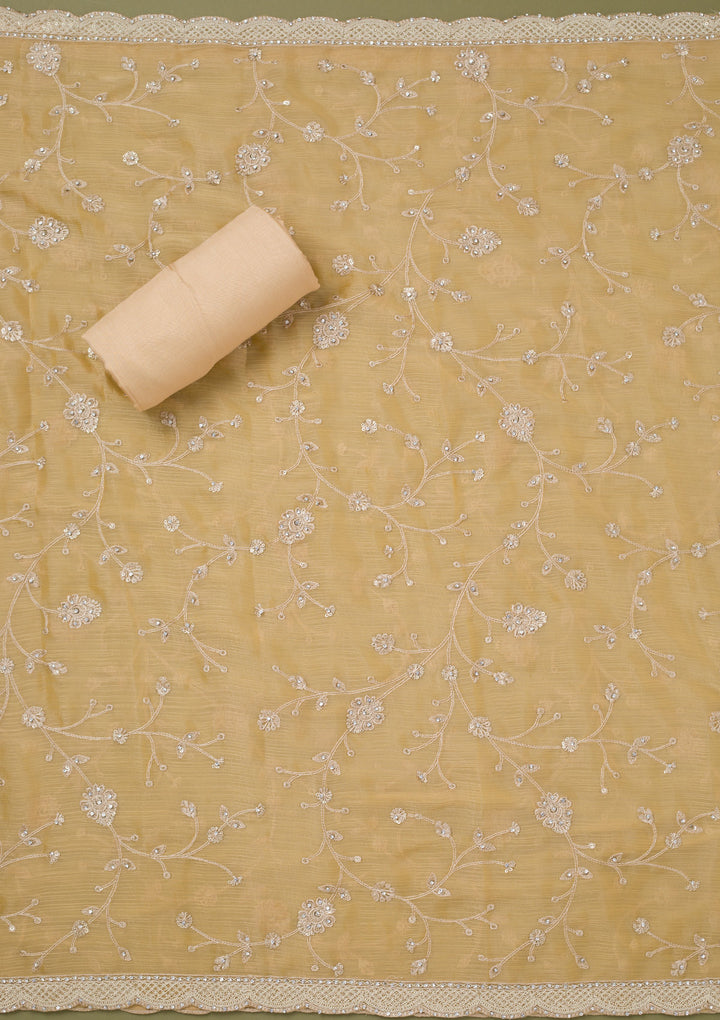 Yellow Chinon Cording Unstitched Dress Material With Matching Bottom And Dupatta