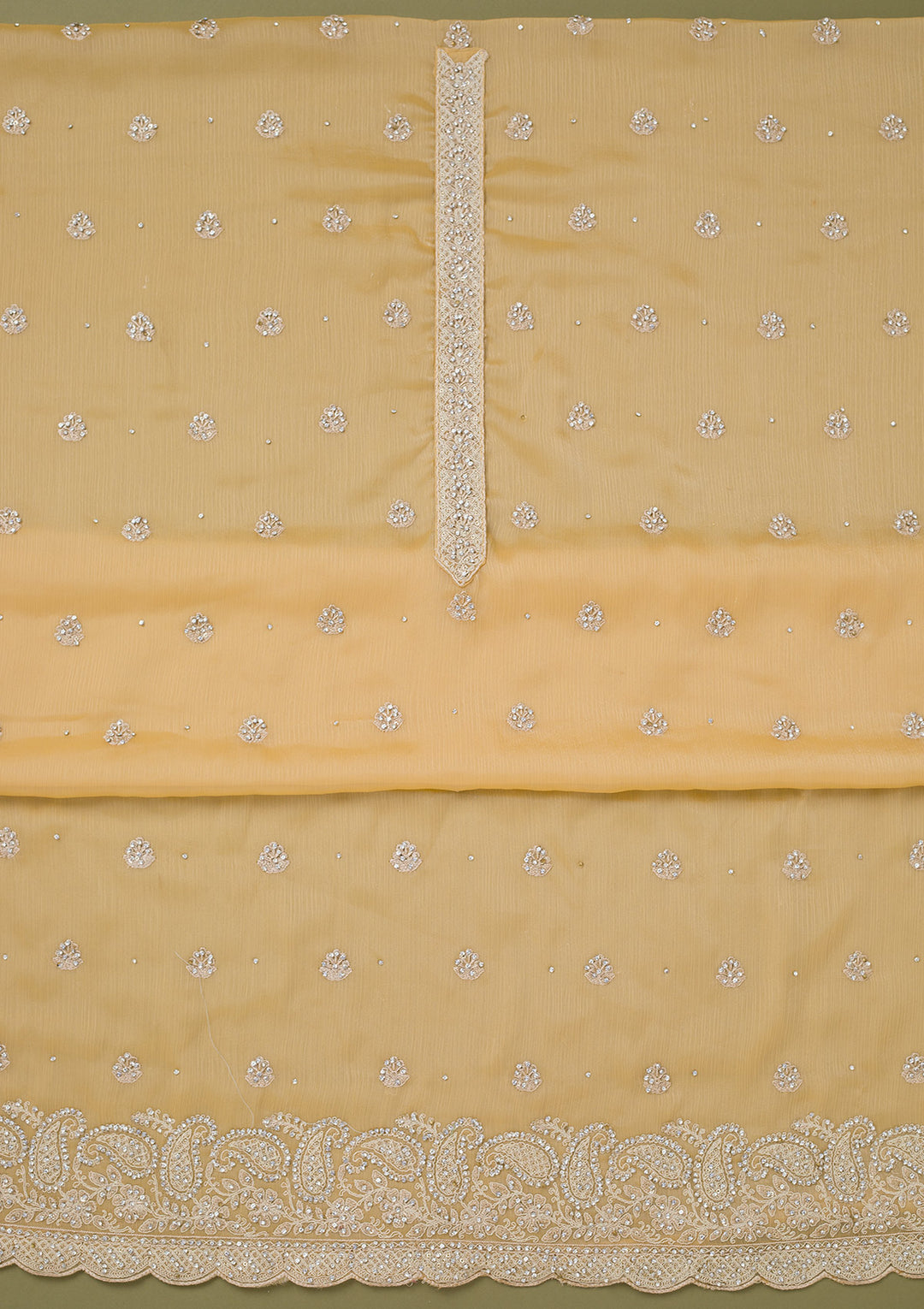 Yellow Chinon Cording Unstitched Dress Material With Matching Bottom And Dupatta