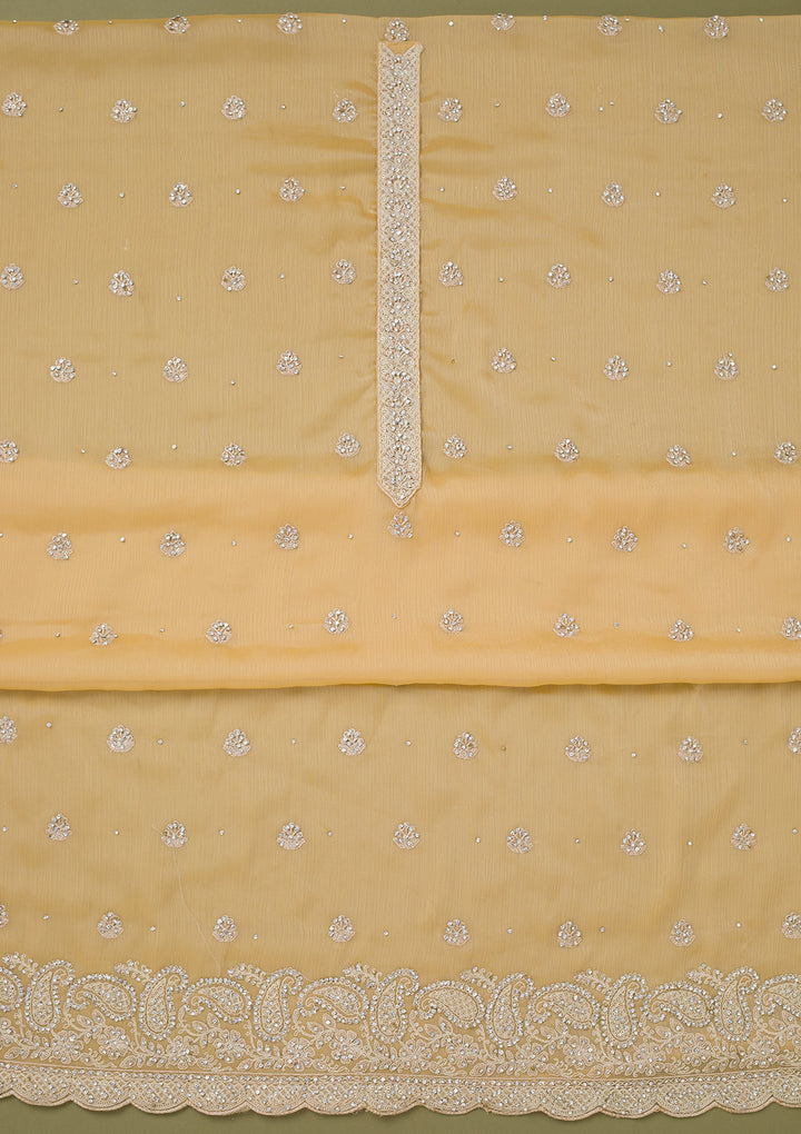 Yellow Chinon Cording Unstitched Dress Material With Matching Bottom And Dupatta