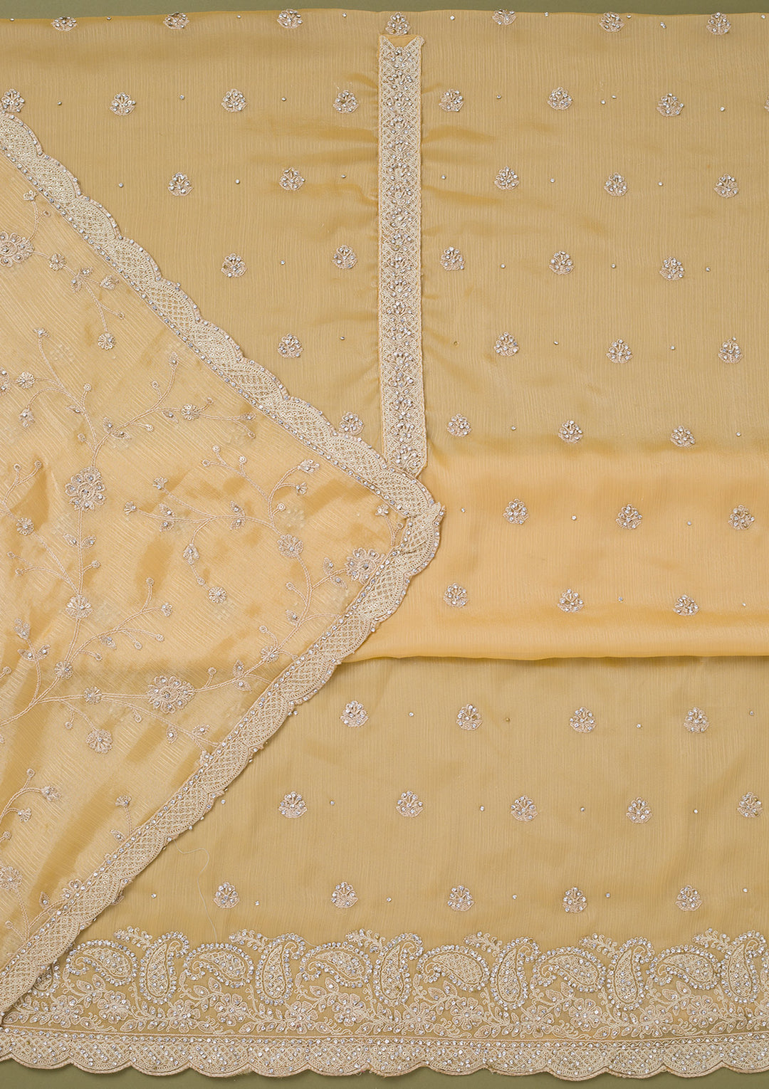 Yellow Chinon Cording Unstitched Dress Material With Matching Bottom And Dupatta