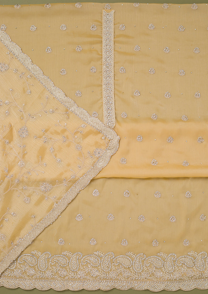 Yellow Chinon Cording Unstitched Dress Material With Matching Bottom And Dupatta
