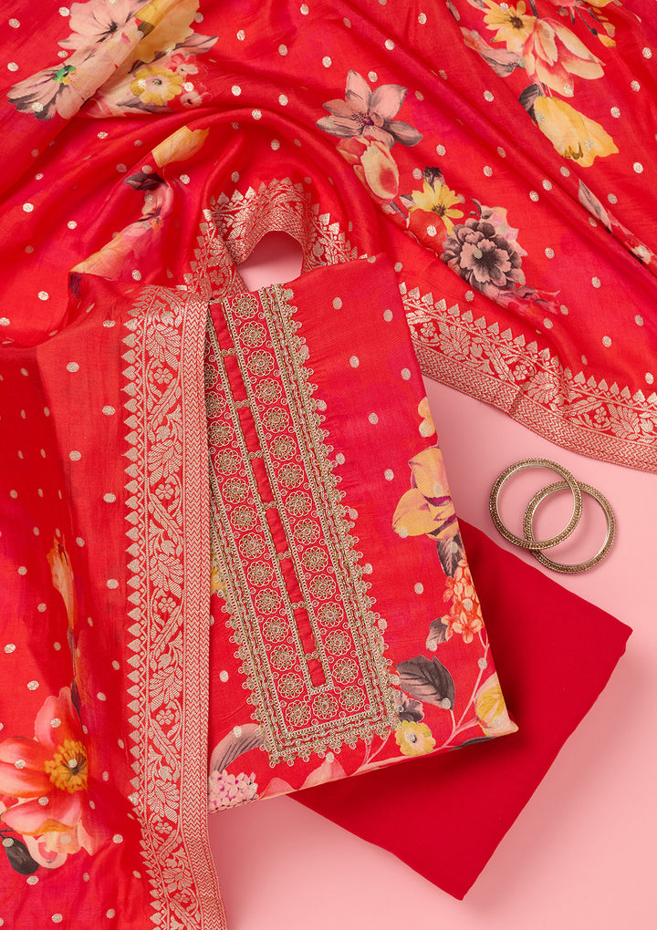Pink Dola Silk Floral Gold Zariwork Unstitched Dress Material With Matching Bottom And Dupatta