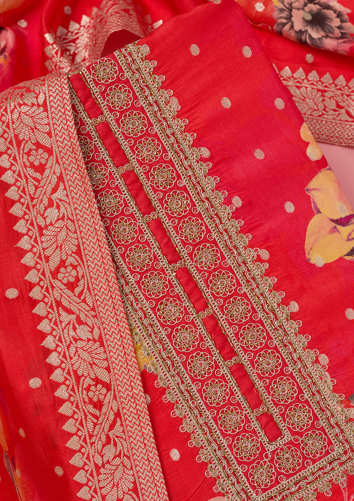 Pink Dola Silk Floral Gold Zariwork Unstitched Dress Material With Matching Bottom And Dupatta