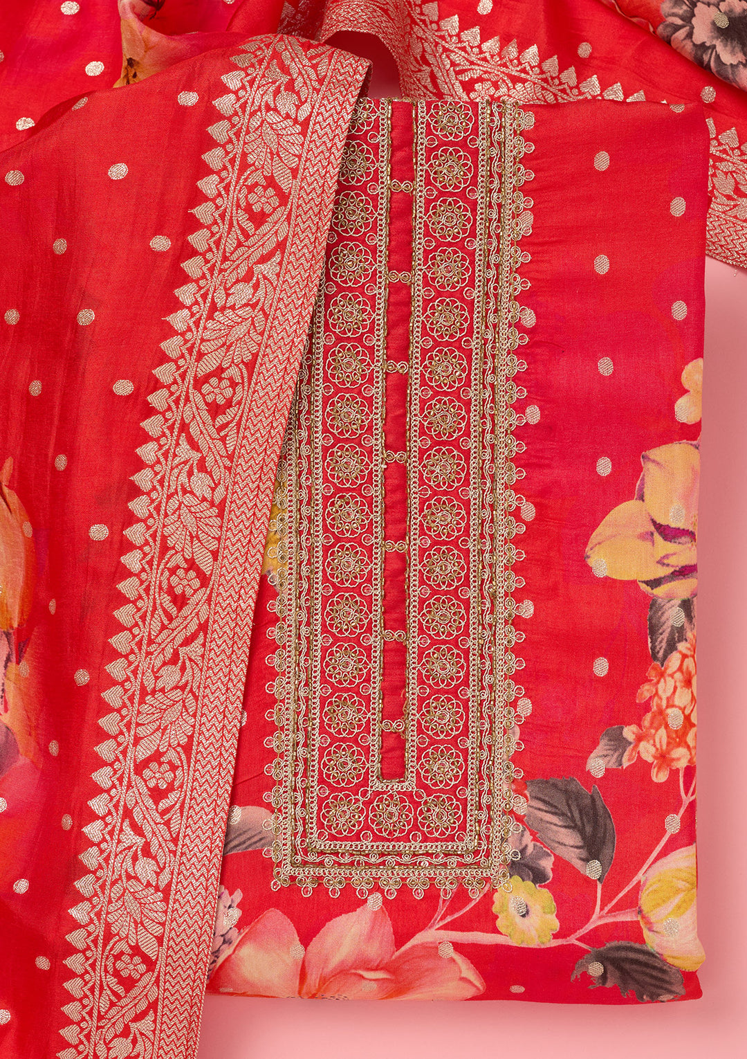 Pink Dola Silk Floral Gold Zariwork Unstitched Dress Material With Matching Bottom And Dupatta
