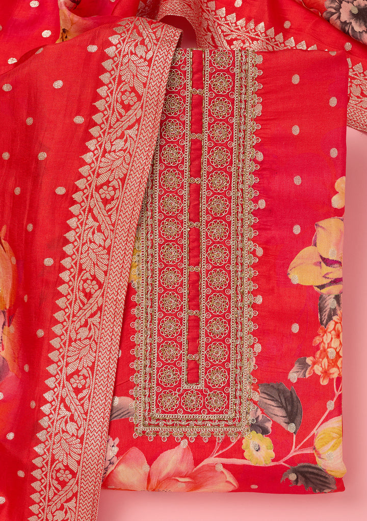 Pink Dola Silk Floral Gold Zariwork Unstitched Dress Material With Matching Bottom And Dupatta